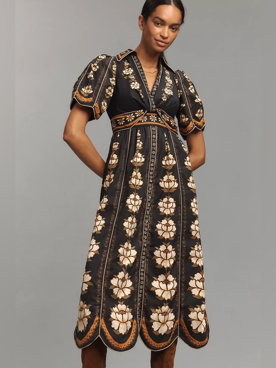FARM Rio Dresses & Skirts - NWT Farm Rio Embroidered Floral Lotus Midi Dress Folk Scallop Trim Pockets M L